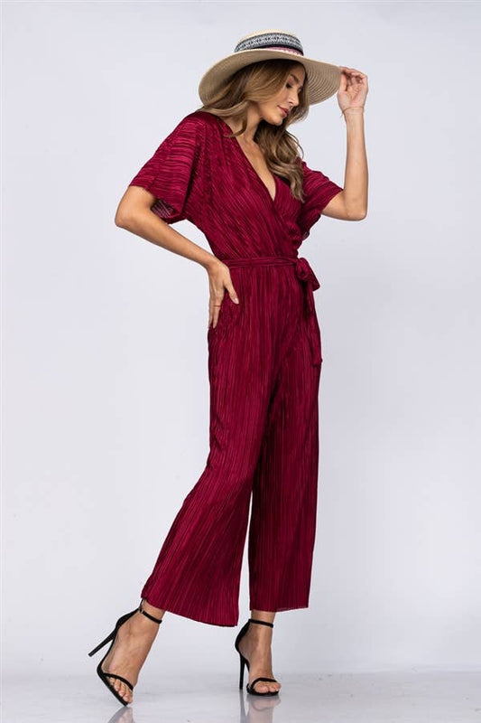 WINE RED SURPLICE JUMPSUIT SELF-TIE BELT