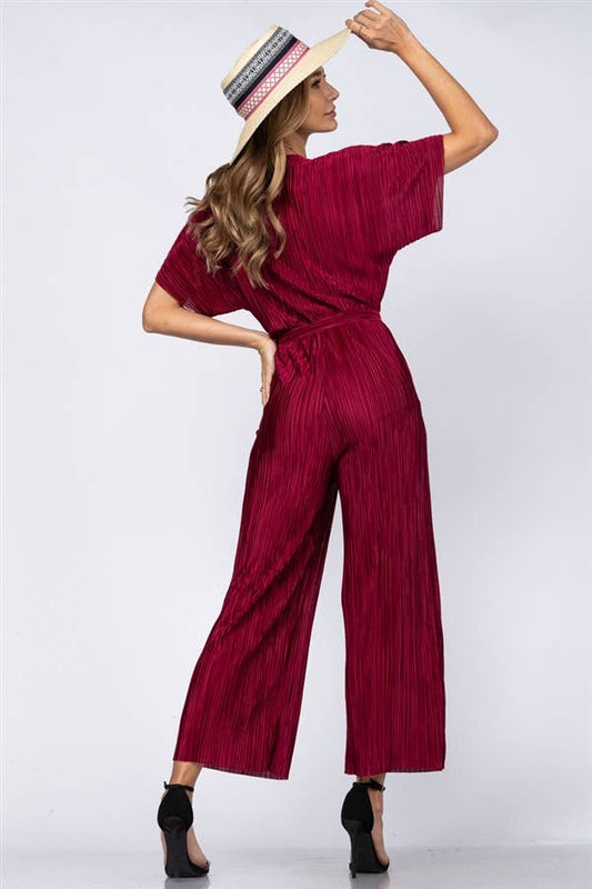 WINE RED SURPLICE JUMPSUIT SELF-TIE BELT