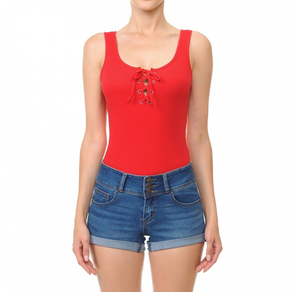 Red Lace-Up Scoop Neck Sleeveless Bodysuit