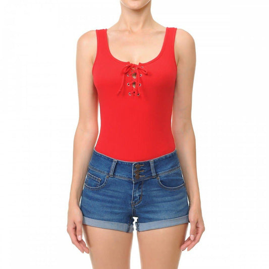 Red Lace-Up Scoop Neck Sleeveless Bodysuit