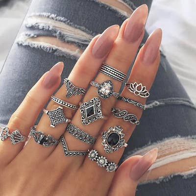 Bohemia Flowers Crystal Crown Finger Ring Set