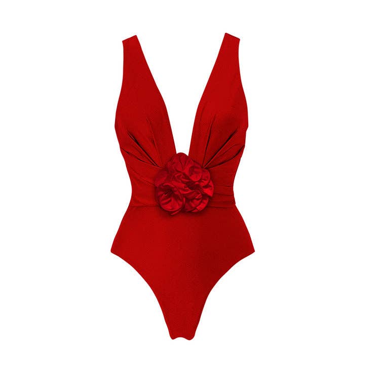 Solid Color Red Rose One Piece Swimwear