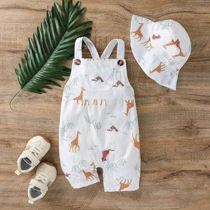 2Pcs Baby Boys Summer Sleeveles Jumpsuit Cartoon Animal For 1-3Y Bobysuit Clothing Casual Fashion overalls Clothes +Hat