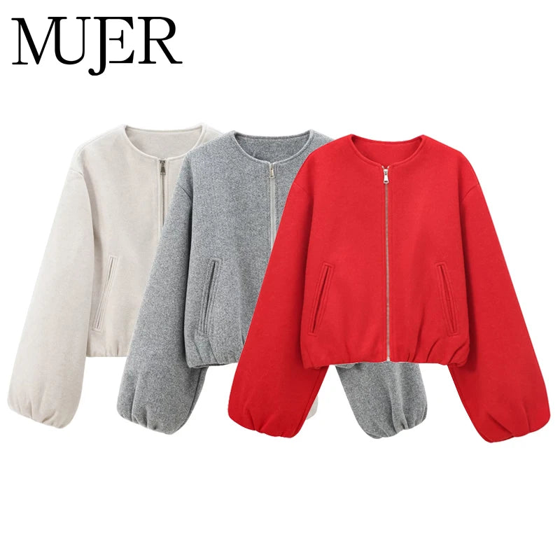 MUJER Red Zipper Bomber Jackets for Women Soft Cropped Jackets Woman 2025 Long Sleeve Woman's Sports Jacket New in Outerwears