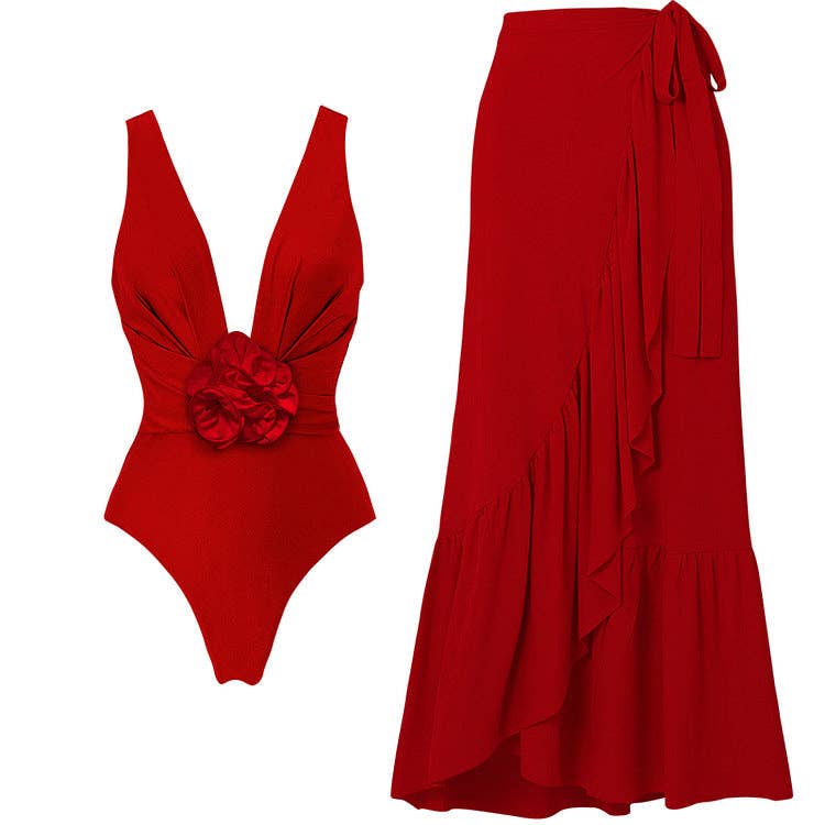 Solid Color Red Rose One Piece Swimwear