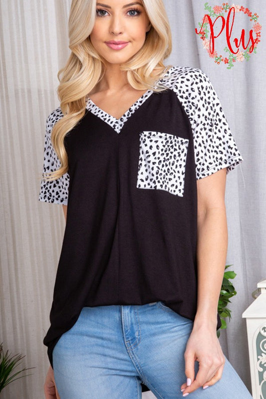 Plus Size V Neck Animal Print Pocket Top